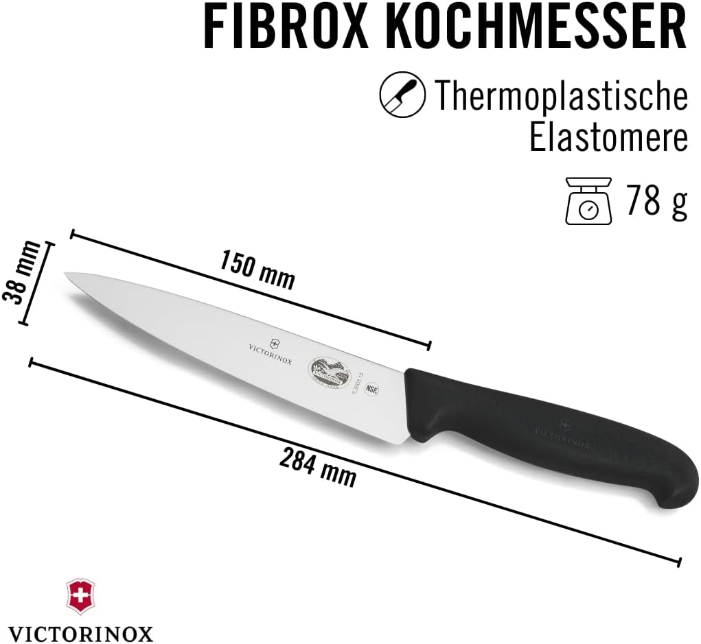 Victorinox Fibrox Kochmesser, Breites Universalmesser für Obst und Gemüse, 15 cm, Gerade Klinge, Sch