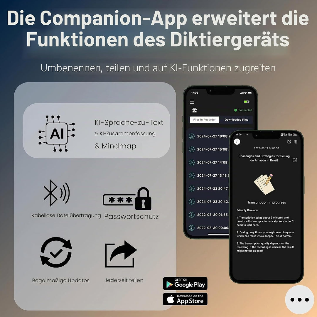 Diktiergerät mit APP für KI-Voice-to-Text-Transkription, GPT-4o-Zusammenfassung, Mind Mapping, 64 GB