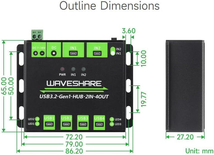 Waveshare Industrial Grade USB HUB, Extending 4X USB 3.2 Ports, Switchable Dual Hosts, Multi Protect