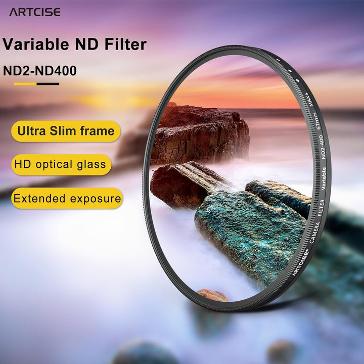 ARTCISE 72 mm Variabler ND-Filter, ultradünn, ND2-ND400 HD, Verstellbarer Fader-Graufilter 72mm, 72m