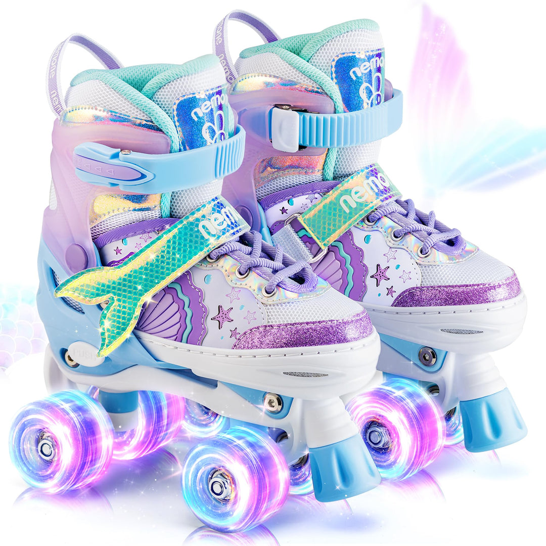 NEMONE Rollschuhe für Mädchen Kinder 4 Grössen Verstellbar Blau Violett Rollschuhe für Kinder Drinne