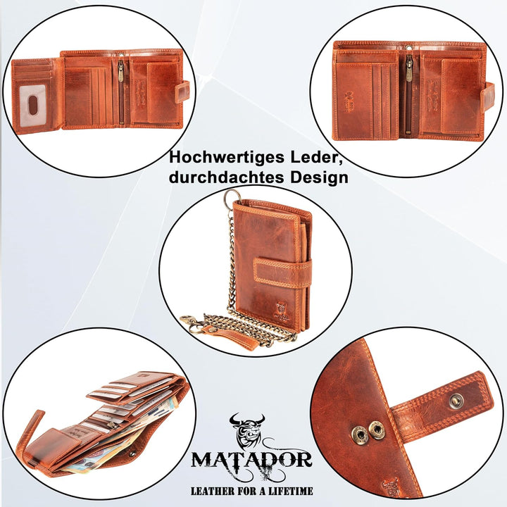 MATADOR Herren Biker Geldbörse Portemonnaie Leder mit Kette | Brieftasche Portmonee Männer mit RFID
