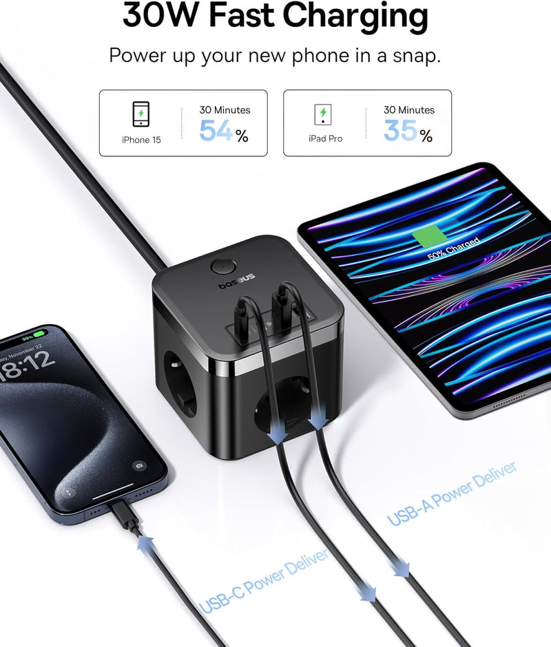 Baseus 30W Würfel USB C Steckdosenleiste GaN5 USB C Ladegerät USB 3-Fach Steckdose mit Schalter, Tra