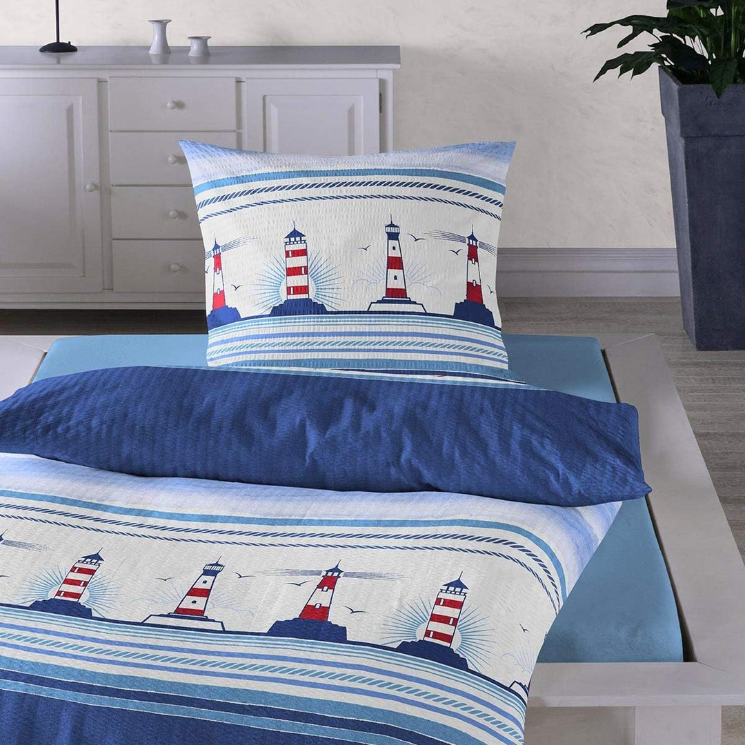Traumschlaf Seersucker Bettwäsche Bügelfrei Set maritim sommerlich frisch im Leuchtturm Design mit R