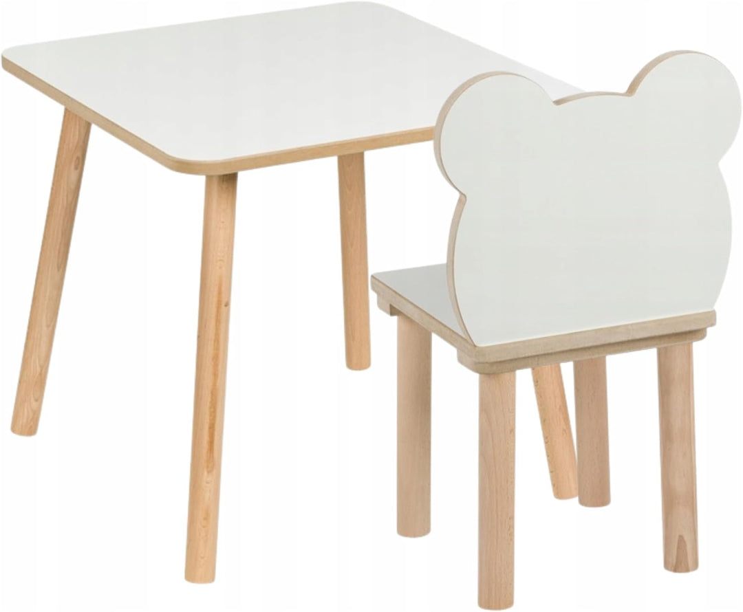 Kindertisch + Bären‑Stuhl Set 50×50×47cm – Tisch &amp; Stuhl aus MDF &amp; Holz – natürliches Finish, abgeru