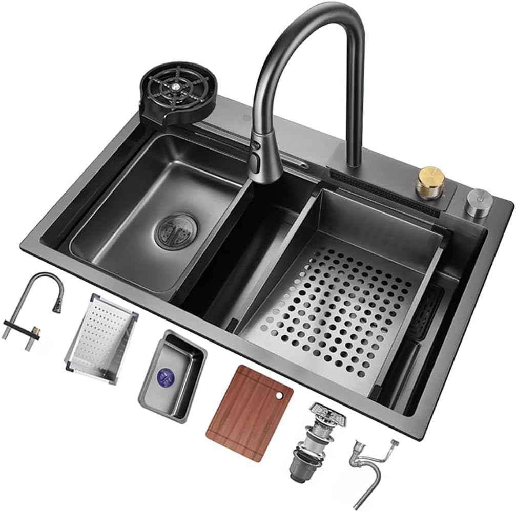 Schwarze Nano-Küchenspüle Edelstahl Wasserfallspüle Set Nanobeschichtete Arbeitsplatzspüle mit herau