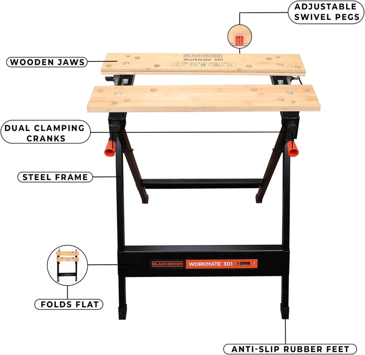 Black+Decker tragbare Werkbank WM301 (freistehend, Abmessung der Arbeitsplatte: 610x250 mm, max. Tra