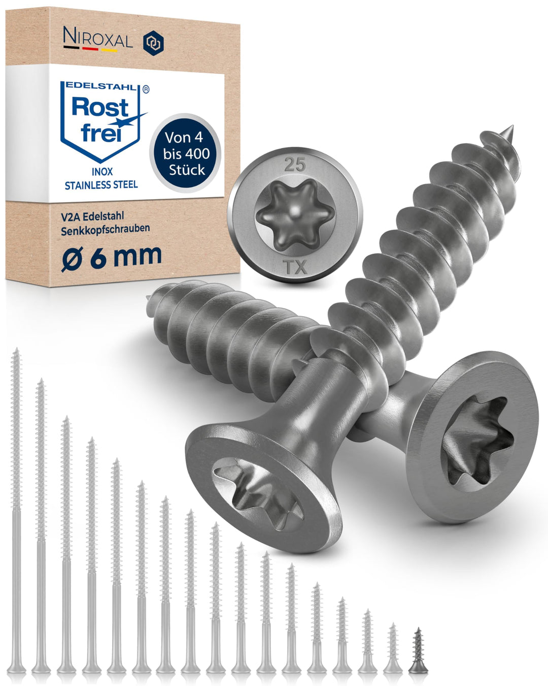 Schrauben Torx Edelstahlschrauben 6x20 Edelstahl V2A rostfrei Spanplattenschrauben für Holz Vollgewi