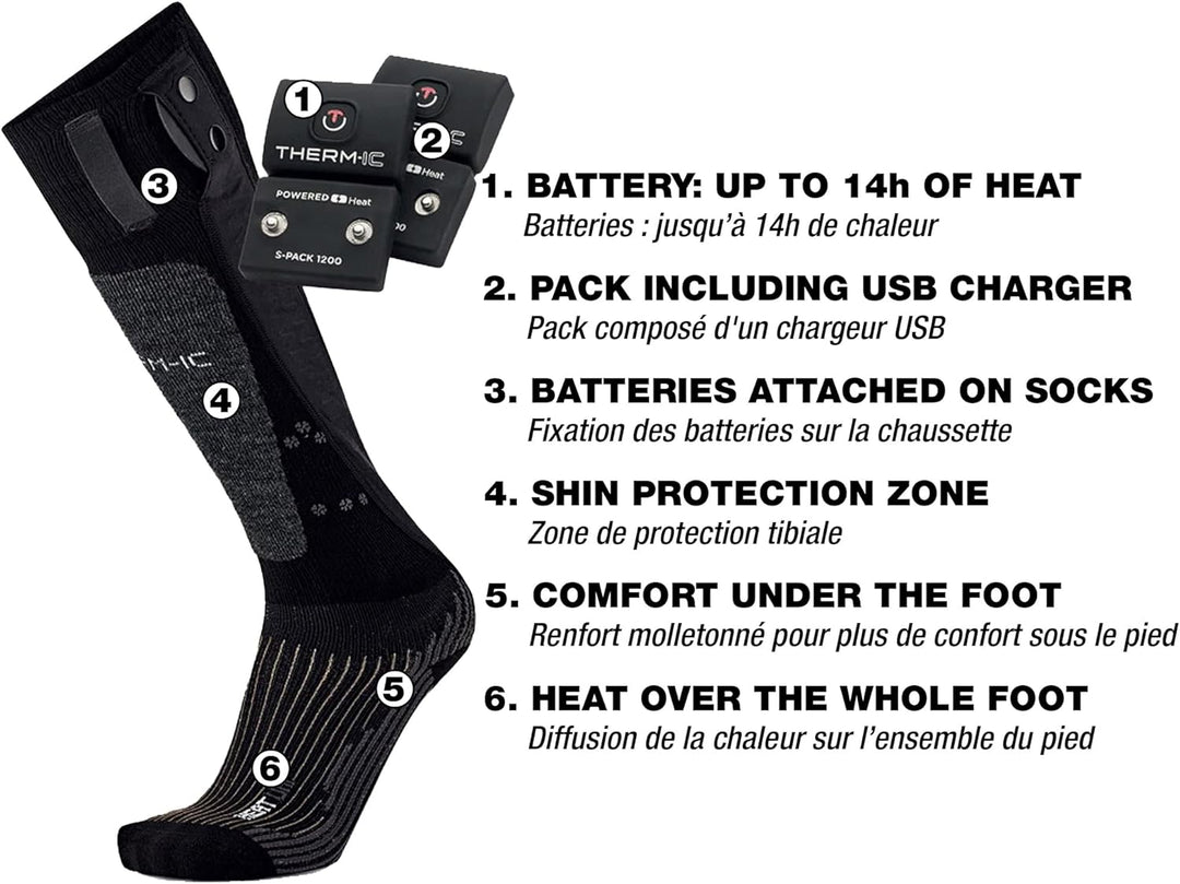 Therm-ic PowerSocks Set Heat Uni + S-Pack 1200 Heated Socks + Battery Spack, Black, 35-38