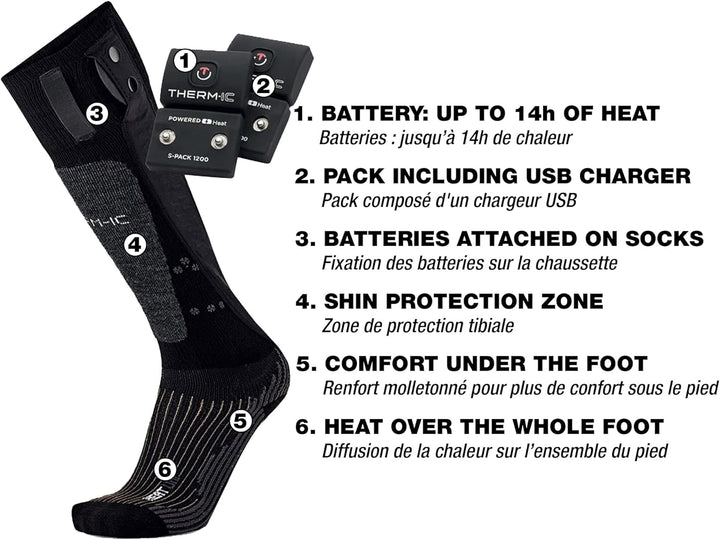 Therm-ic PowerSocks Set Heat Uni + S-Pack 1200 Heated Socks + Battery Spack, Black, 35-38