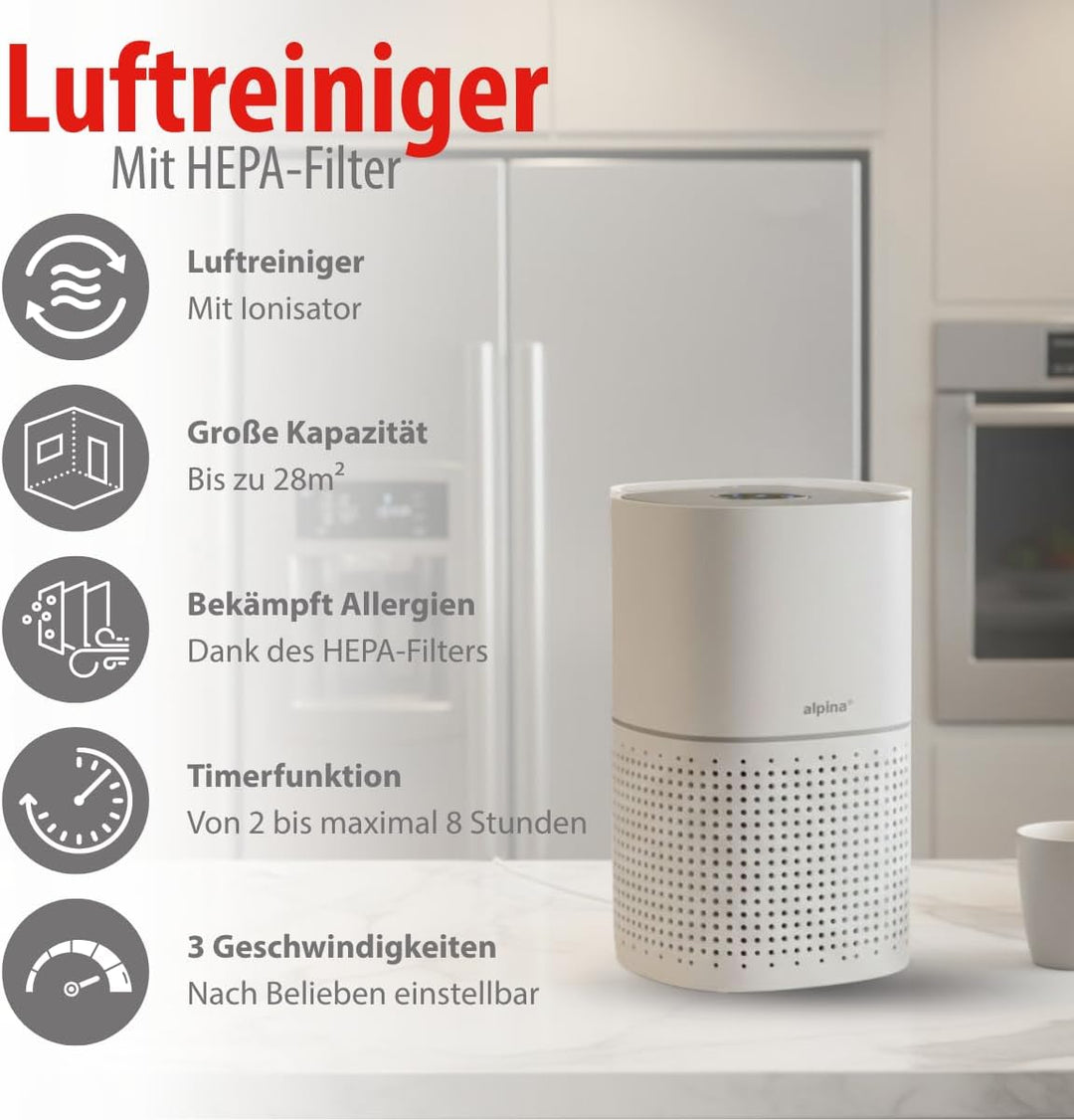 alpina Luftreiniger mit Ionisator - Air Purifier mit HEPA-Filter H11 - Luftreiniger allergiker - Ger