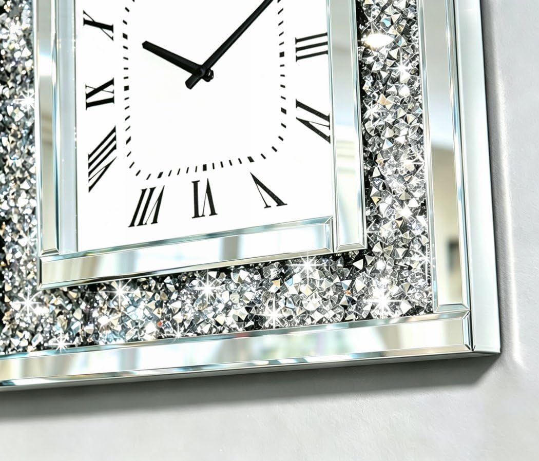 Silberne quadratische Spiegeluhr, Kristall-Glitzer, glitzernd, zerkleinerter Diamant, verspiegelt, g