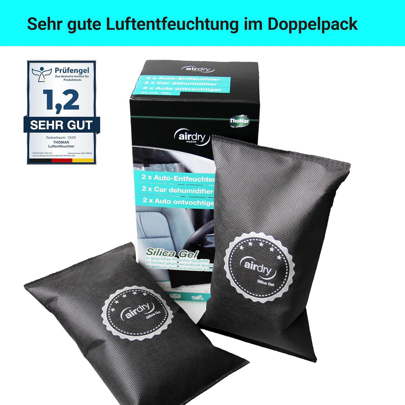 Thomar airdry Silica Gel | Auto-Entfeuchter | 1,5 kg (2 x 750 g) Entfeucher Kissen mit Silicagel | L