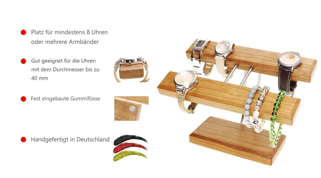 Armband und Uhrenständer bis zu 8Uhren, Kirschbaum Massivholz, Made in Germany 20 cm Breit
