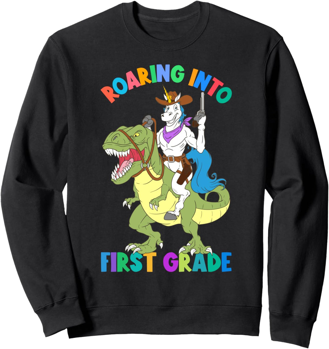 Roaring Into 1st Grade Unicorn Riding Dinosaurier Back School Sweatshirt