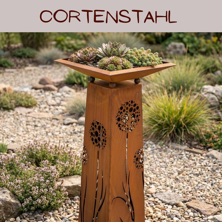 Rostikal Pusteblumen Gartendeko Rost Säule 1,15 m mit Blumenschale 50 x 50 cm Mit Schale 50 X 50 Cm
