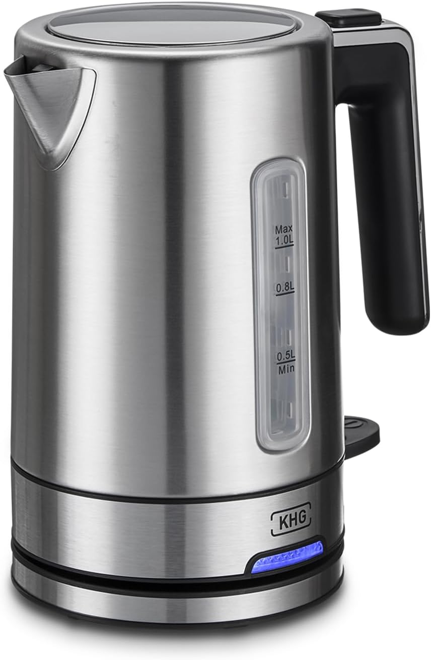 KHG Wasserkocher WK-105 ES Edelstahl, 1 Liter Kapazität | LED-Schaler, Kalkfilter, Wasserstandsanzei