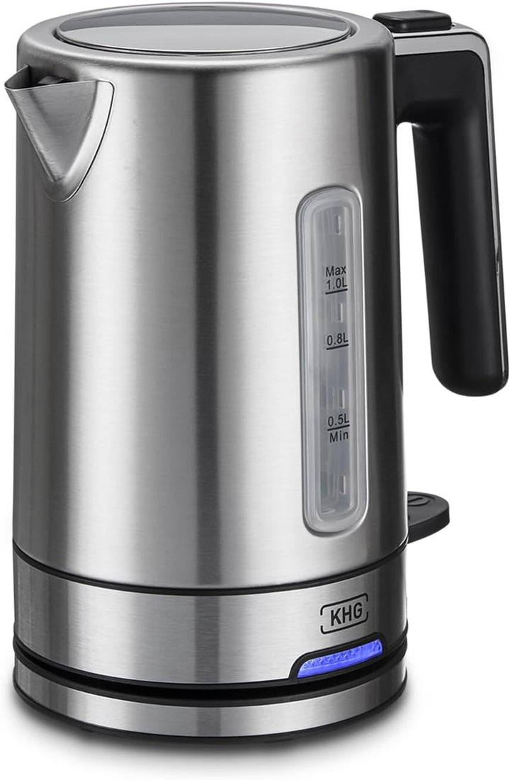 KHG Wasserkocher WK-105 ES Edelstahl, 1 Liter Kapazität | LED-Schaler, Kalkfilter, Wasserstandsanzei