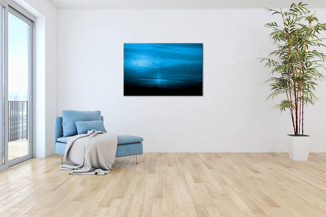 deyoli Vögel fliegen in den Sonnenuntergang Format 80x60 Effekt: Monocrome Blau als Leinwandbild, Mo