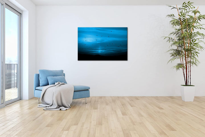 deyoli Vögel fliegen in den Sonnenuntergang Format 80x60 Effekt: Monocrome Blau als Leinwandbild, Mo