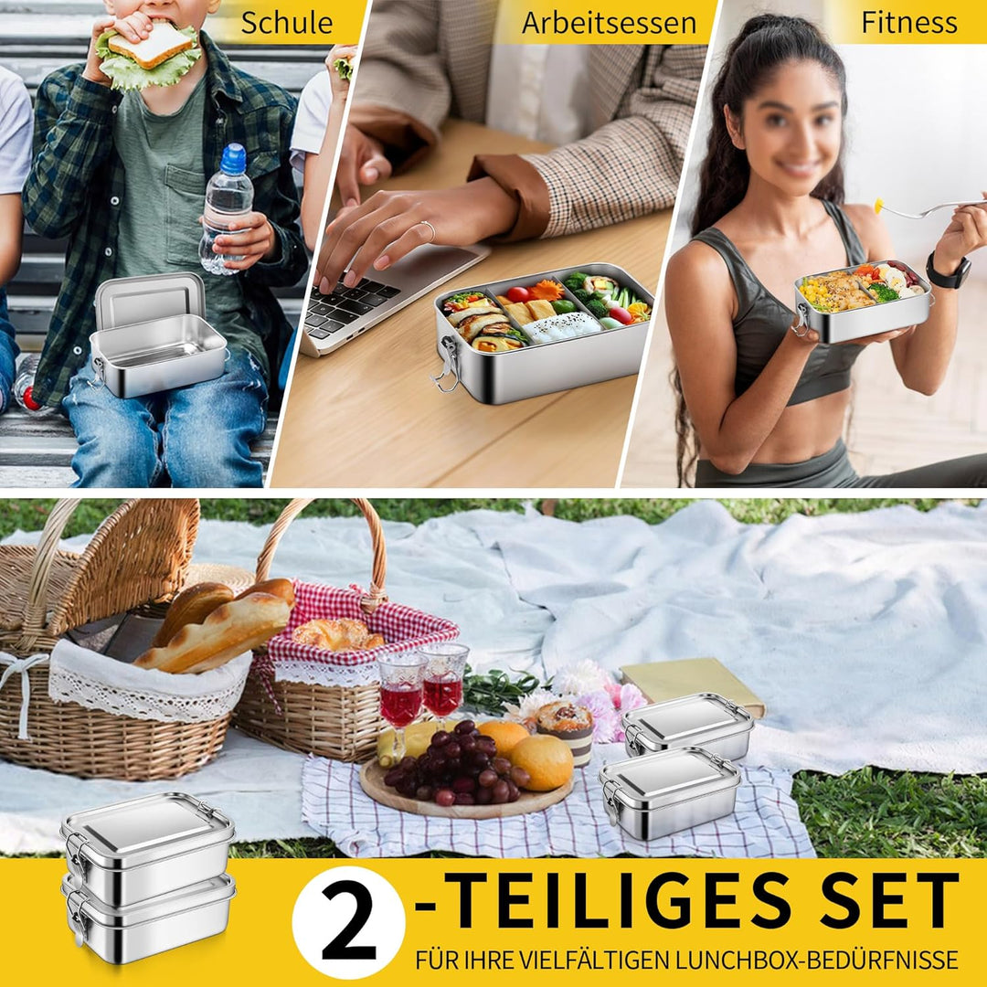 Joyfair Brotdose mit Fächern, 2 Stück Edelstahl Bento Box mit Abnehmbar Fächern für Erwachsene & Kin