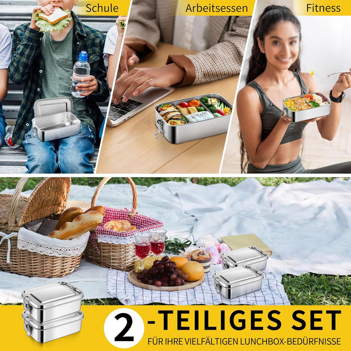 Joyfair Brotdose mit Fächern, 2 Stück Edelstahl Bento Box mit Abnehmbar Fächern für Erwachsene & Kin