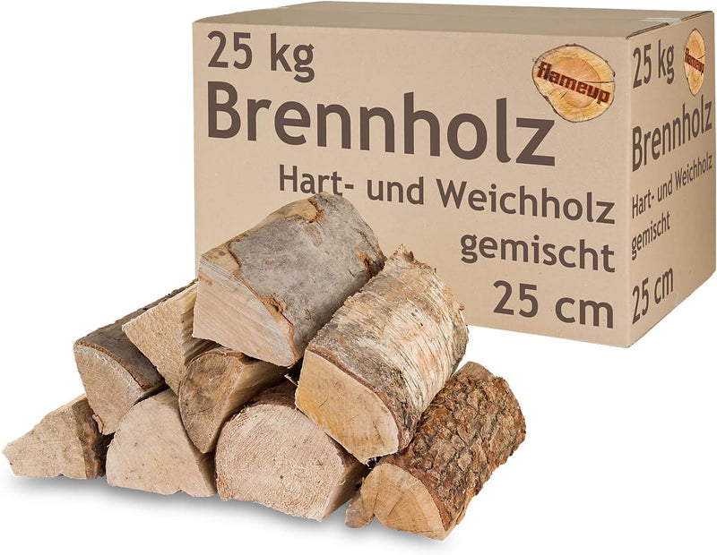 Flameup Brennholz Gemischt Kaminholz 25 kg Buche Eiche Birke Kiefer Fichte Holz Für Ofen und Kamin K