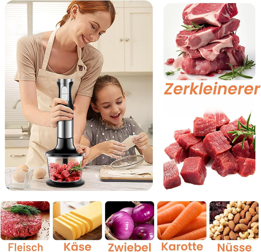 NWOUIIAY Handmixer Stabmixer Elektrischer 6-in-1 1200W Edelstahl Pürierstab mit 600ml Messbecher,Ede