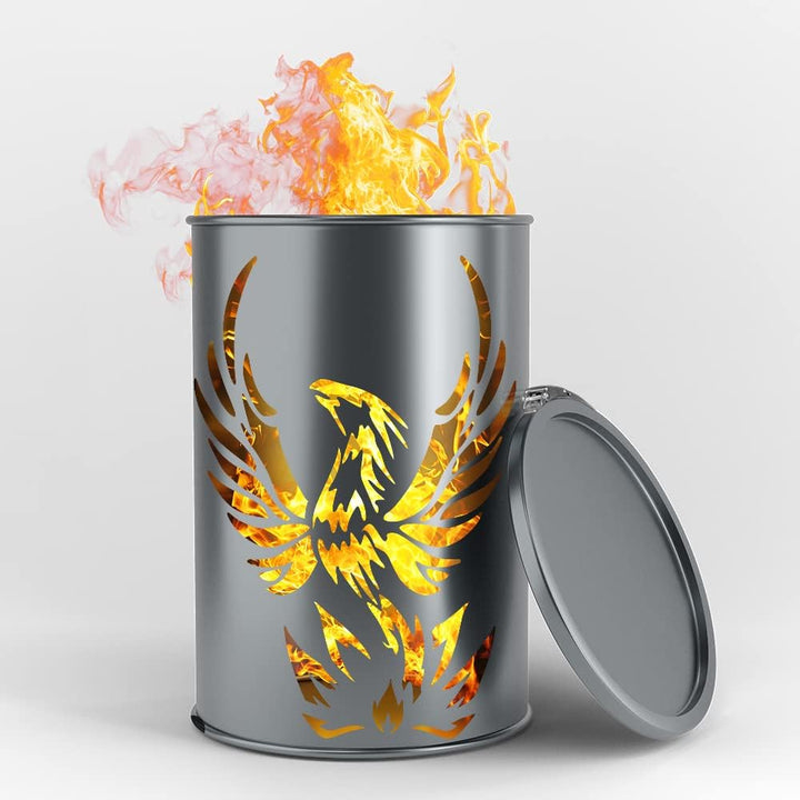Feuertonne mit Phönix Motiv - Gefertigt aus neuem Ölfass - Besondere Feuerstelle für Garten und Terr