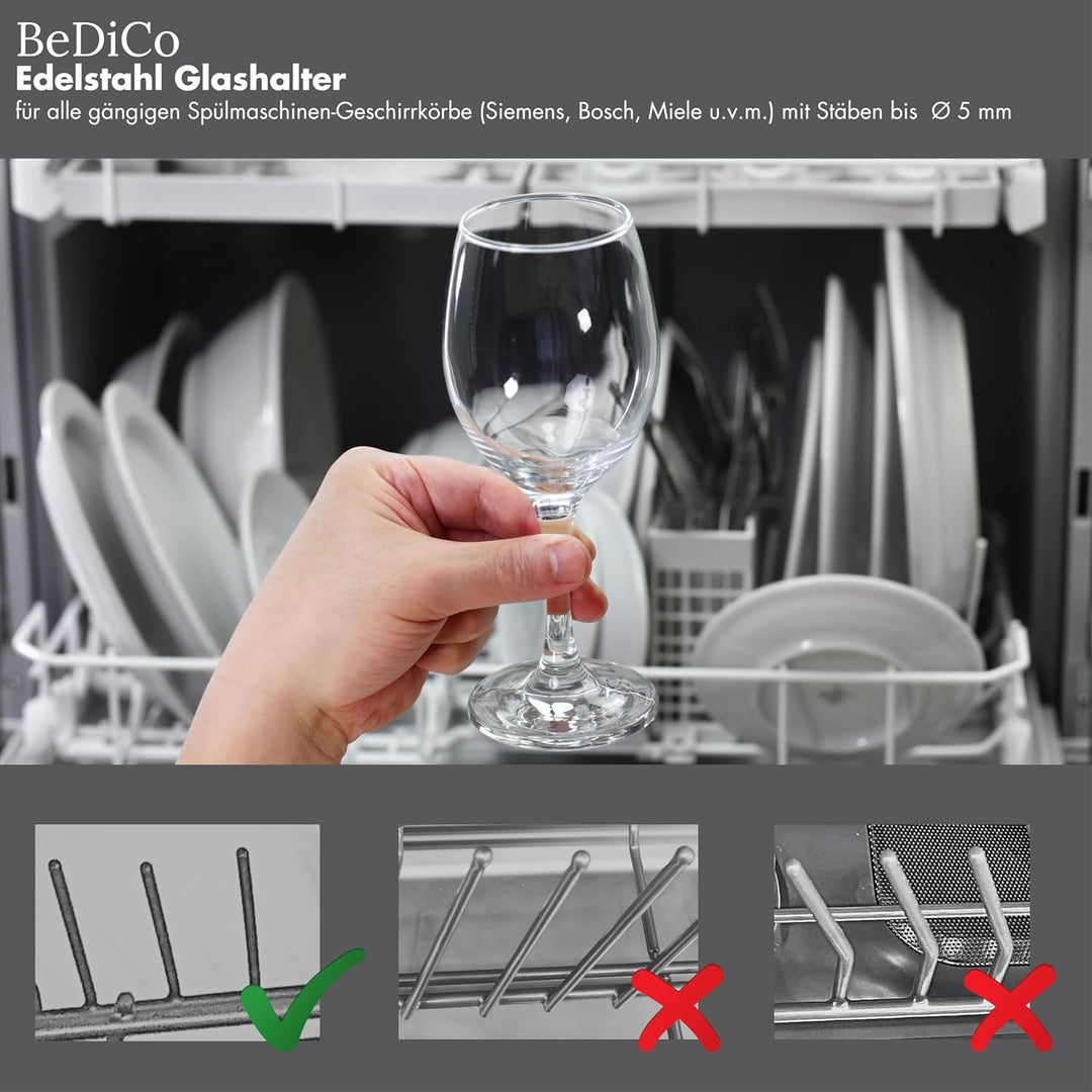 BeDiCo I 4er-Set I Edelstahl Spülmaschinen Aufsteck-Weinglashalter I Schutz der Gläser vor Kippen, B