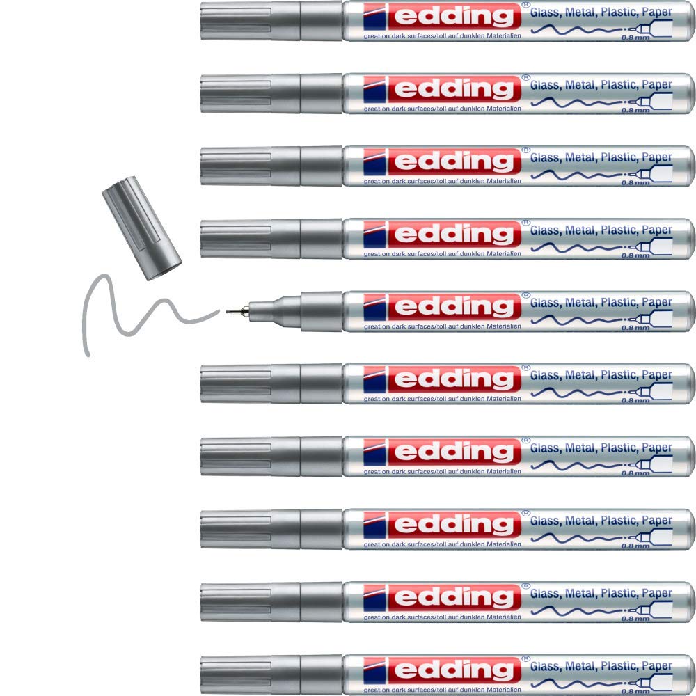 edding 780 Glanzlackmarker - silber - 10 Lackmarker - extra-feine Rundspitze 0,8 mm - Lackstift für