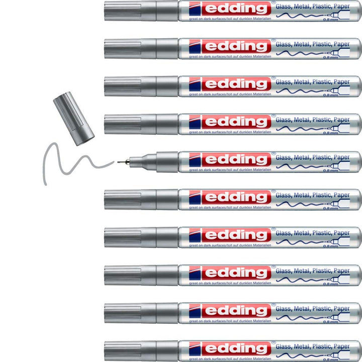 edding 780 Glanzlackmarker - silber - 10 Lackmarker - extra-feine Rundspitze 0,8 mm - Lackstift für