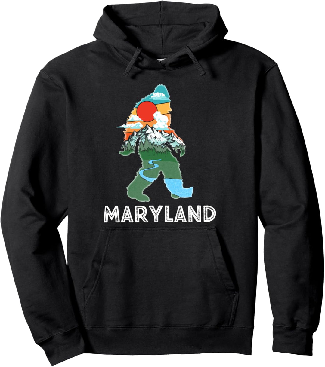 Maryland Bigfoot Nature & Mountains Illustration Vintage Pullover Hoodie