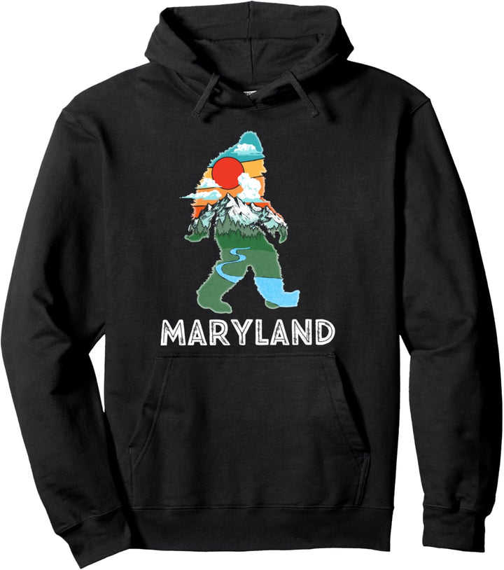 Maryland Bigfoot Nature & Mountains Illustration Vintage Pullover Hoodie