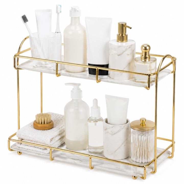 Bad-Organizer mit 2 Ebenen, Goldfarbenes Metall-Regal für Kosmetik & Parfüm, Wasserdichtes Tablett f