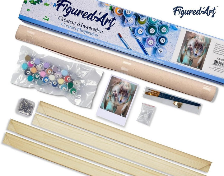 Figured'Art Malen Nach Zahlen Erwachsene Mit Rahmen Wölfe und Federn - Paint by Numbers Basteln DIY