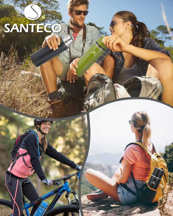 SANTECO Thermoskanne Thermosflasche Edelstahl 1l, 500ml, Auslaufsicher Isolierflasche mit Trinkbeche