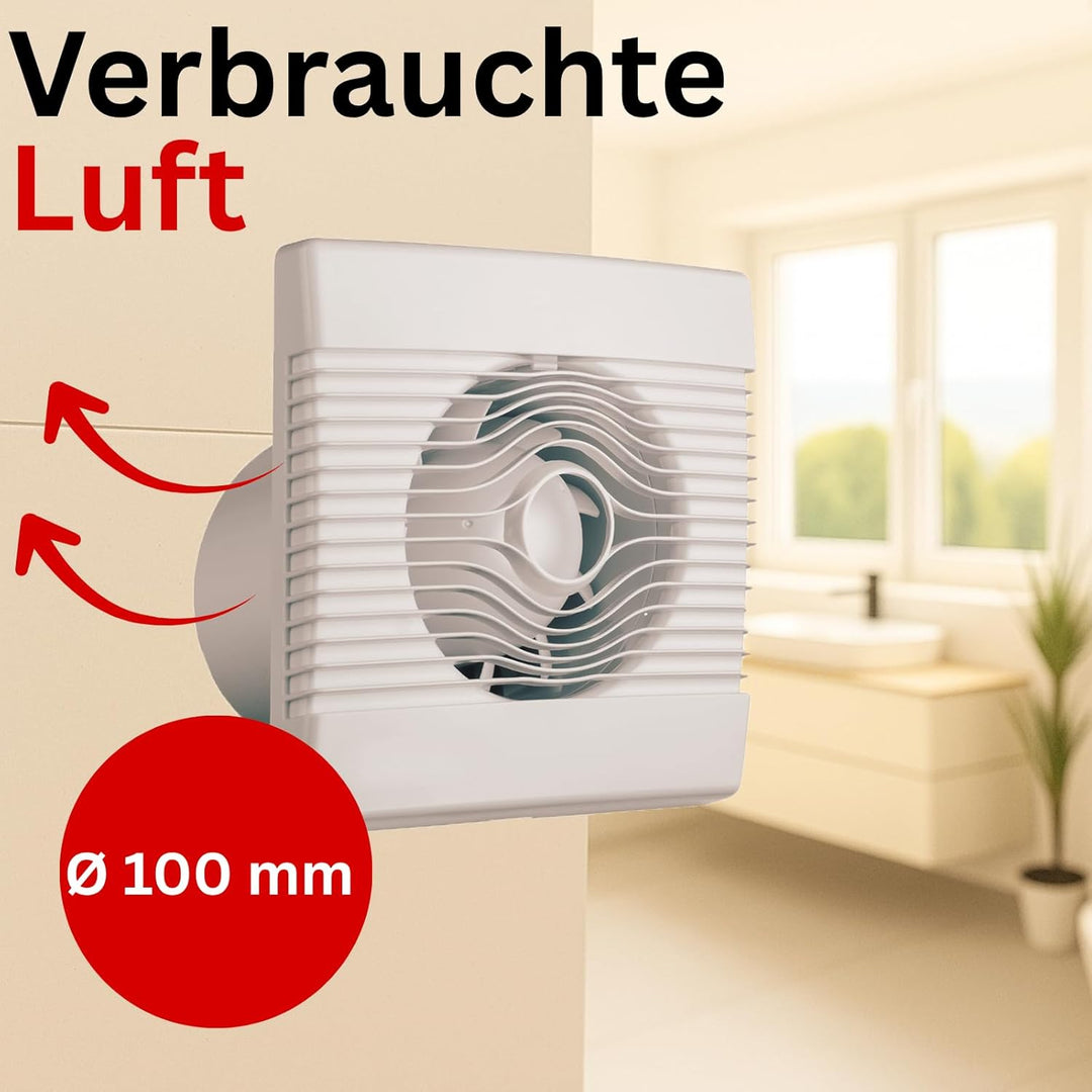 MKK Wohnraumventilator 100mm Wandmontage Lüfter Leise Badlüfter Weiss (Nachlauf), Nachlauf