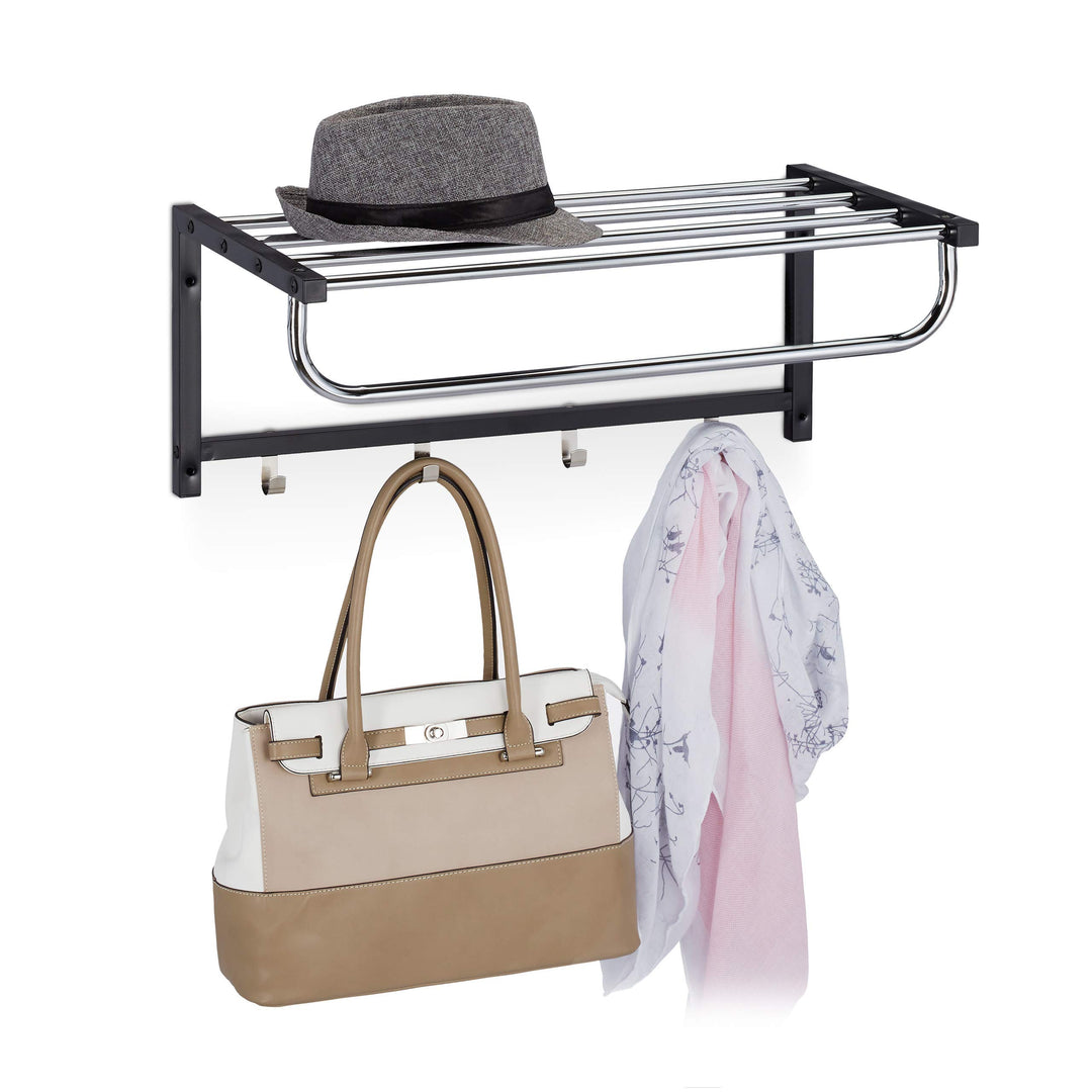 Relaxdays Wandgarderobe mit Ablage, Garderobenleiste 4 Haken, Flur & Bad, modern, Metall, HBT 25 x 6