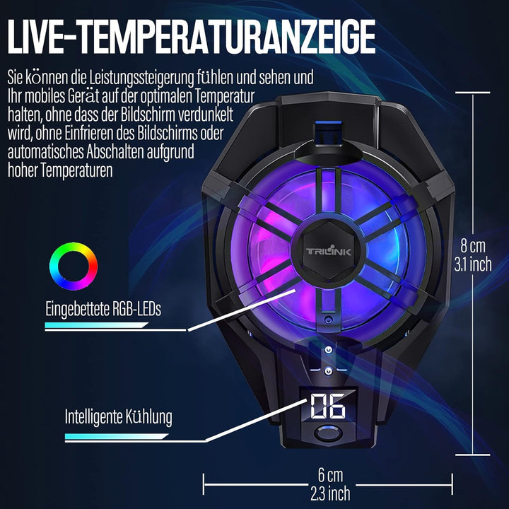 TRILINK Handy-Kühler mit wiederaufladbarem Akku, Handy-Kühlventilator für Spiele, für alle Arten von