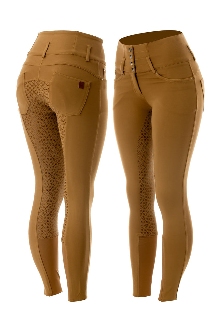 HORZE Damen Reithose Tara, High Waist Reithose mit Vollbesatz Silikon und Taschen Tobaccobraun 34, T