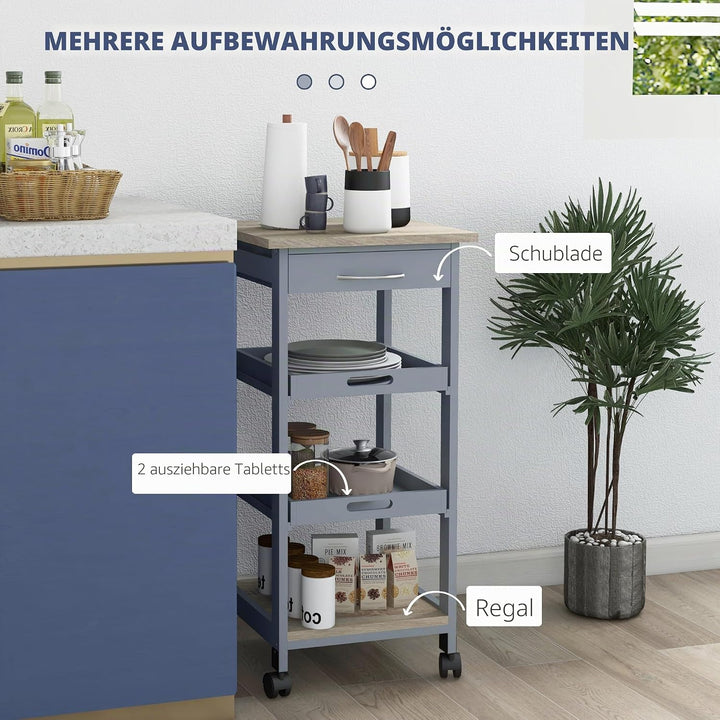 HOMCOM Servierwagen Küchenwagen mit Rollen 2 abnehmbare Tabletts, Schublade, Regal helle Eiche Holz