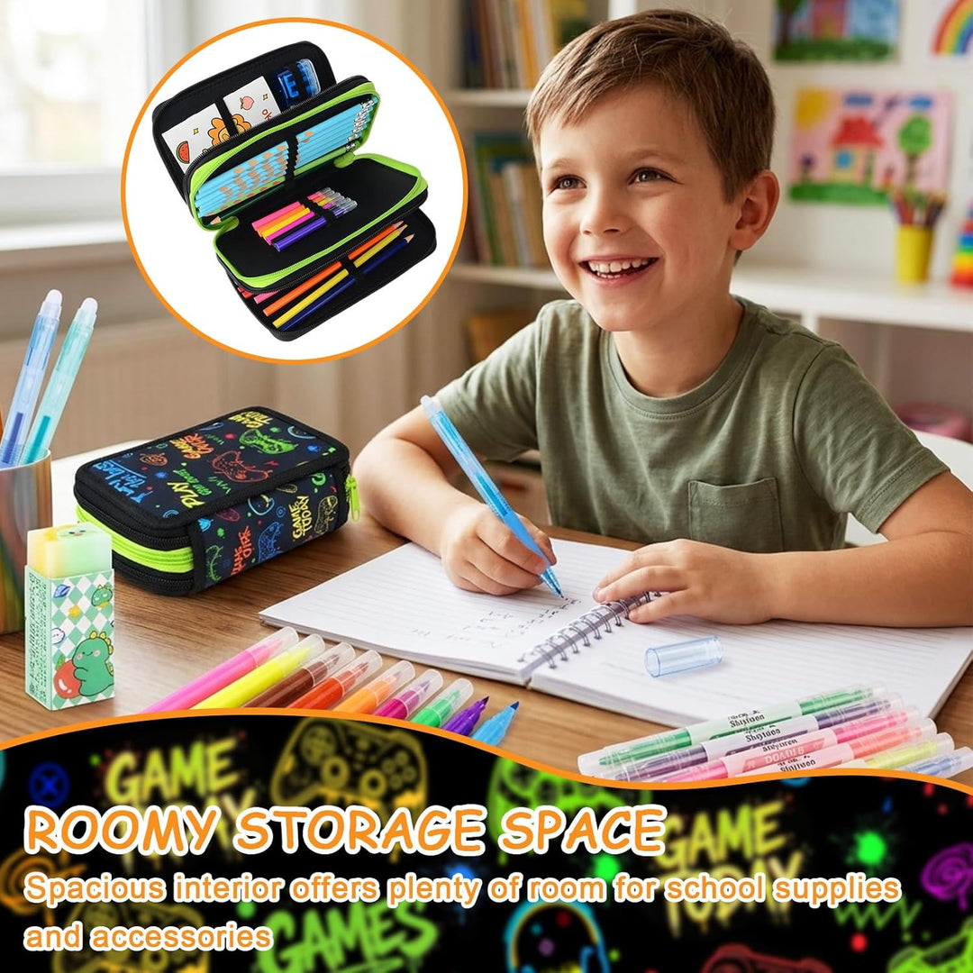 Federmäppchen Jungen 41 Teilig, 3 Fach Gaming Federtasche | Stiften, Textmarker, Radierer, Lineal Se