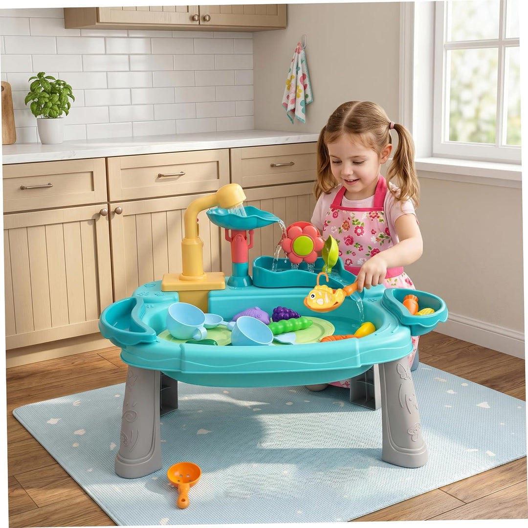 Spielwaschbecken mit fliessendem Wasser, 3-in-1-Spass-Baby-Wassertisch, Waschen und Angeln, vorgetäu