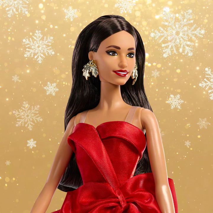 Barbie Signature Puppe, Holiday 2026, braunhaarige Modepuppe | mit Schleifenkleid in Rot, saisonale
