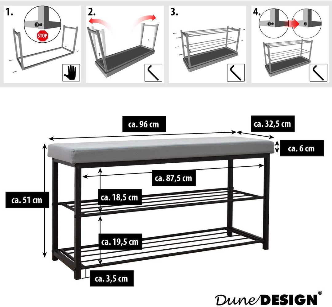 DuneDesign Schuhregal 96x32,5x51cm Schuhbank Offener Schuhschrank Sitzbank Grau Hellgrau, Hellgrau