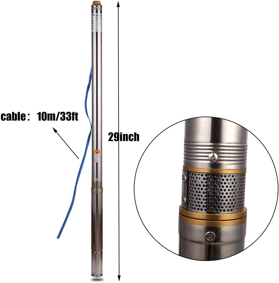 Edelstahl Tiefbrunnenpumpe Tauchpumpe 2.5 Zoll, 250 W, 2800 L/H Garten/bewässerung oder Heimgebrauch