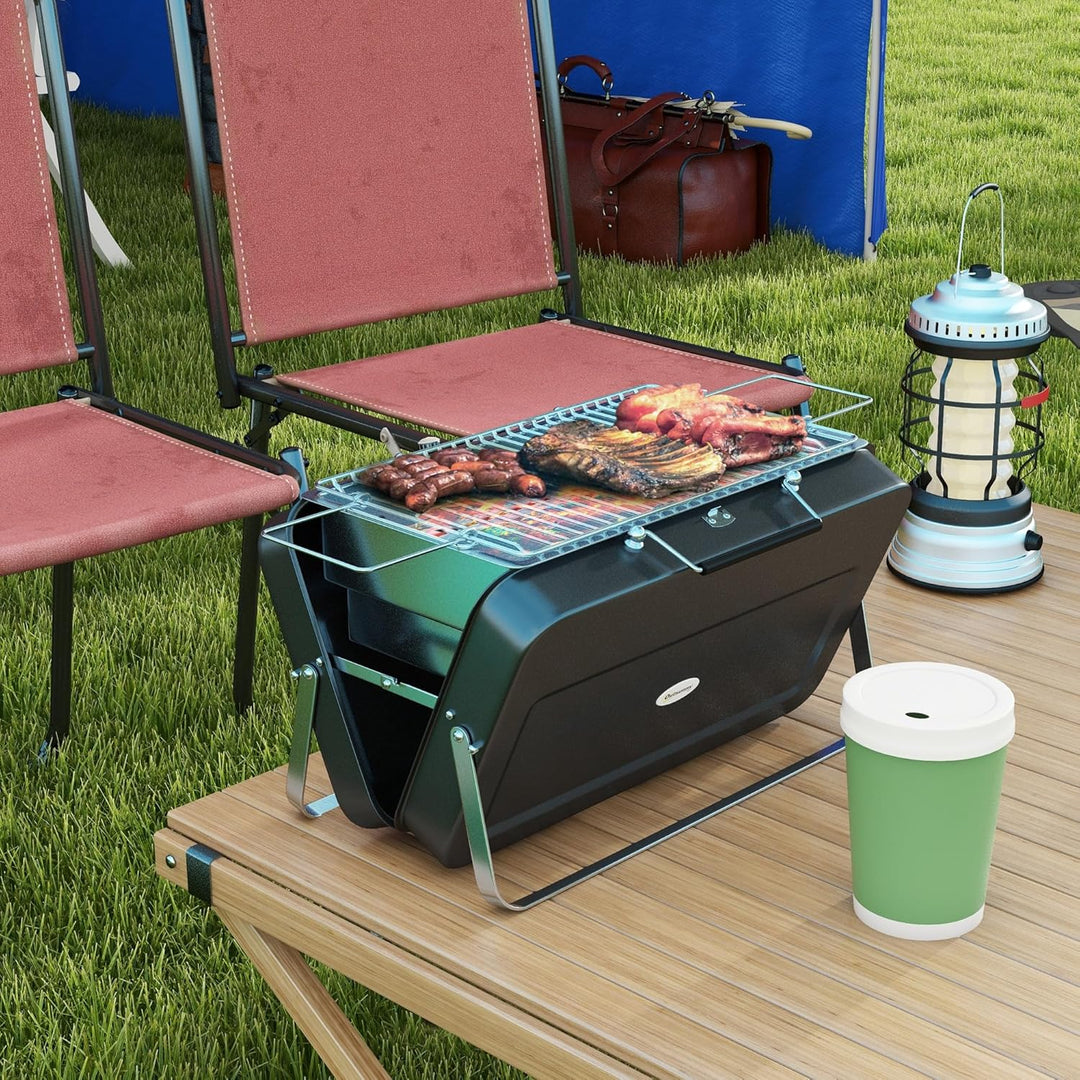 Outsunny Tragbarer Mini-Holzkohlegrill mit Kofferschale, faltbarer Tischgrill für Garten, Camping, P