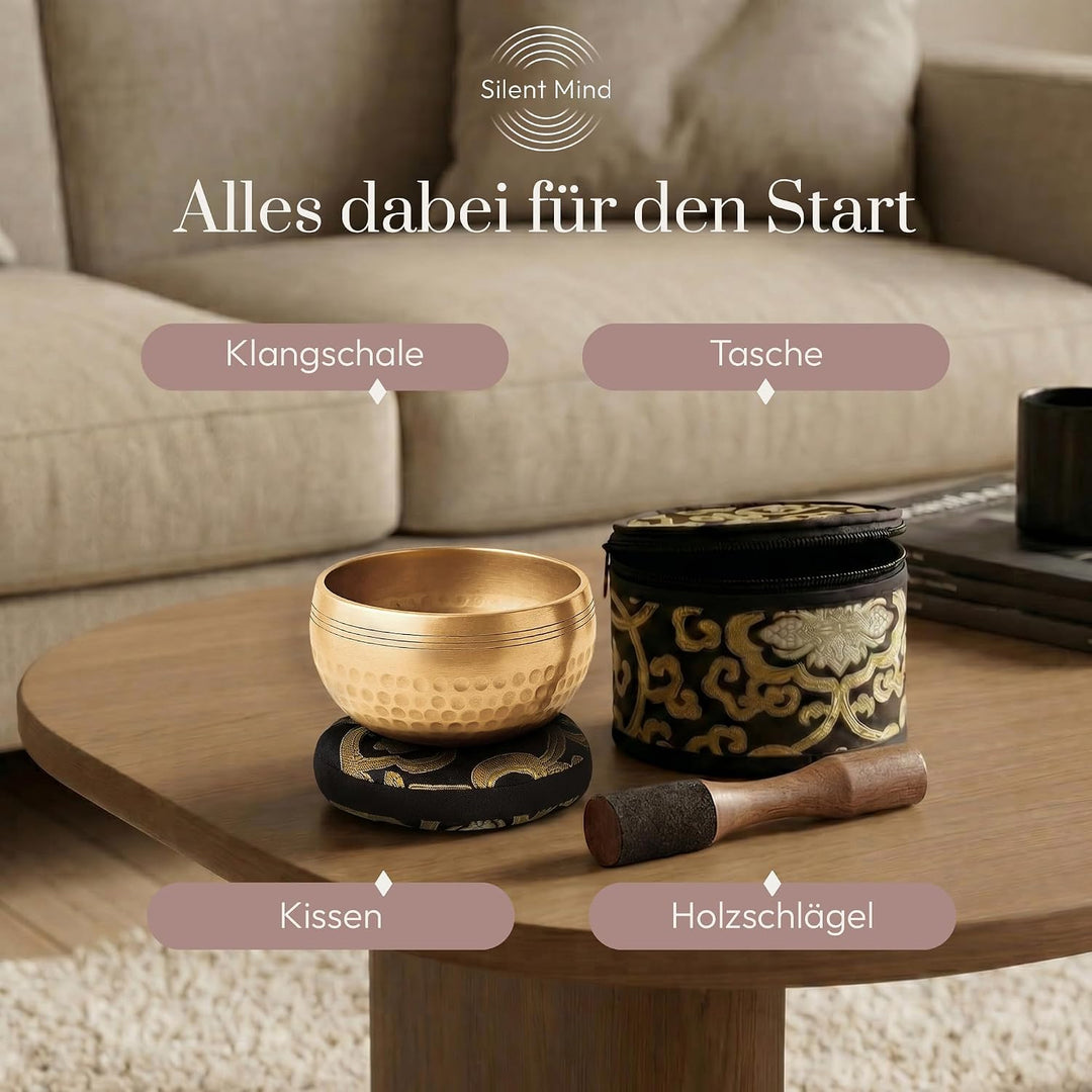 Silent Mind Klangschale Ø9cm Bronze – Handgefertigtes Komplett-Set mit Kissen und Klöppel, für Anfän