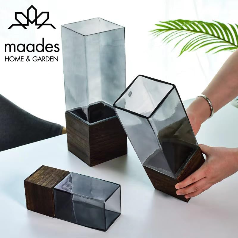 MAADES Vase Blumenvase aus Glas & Holz Eckig 30cm gross Glasvase Grau als Tischdeko Hochzeitsdeko